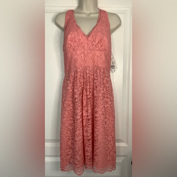 NWT 🍑David's Bridal Peach Lace Halter Dress - Picture 1 of 16